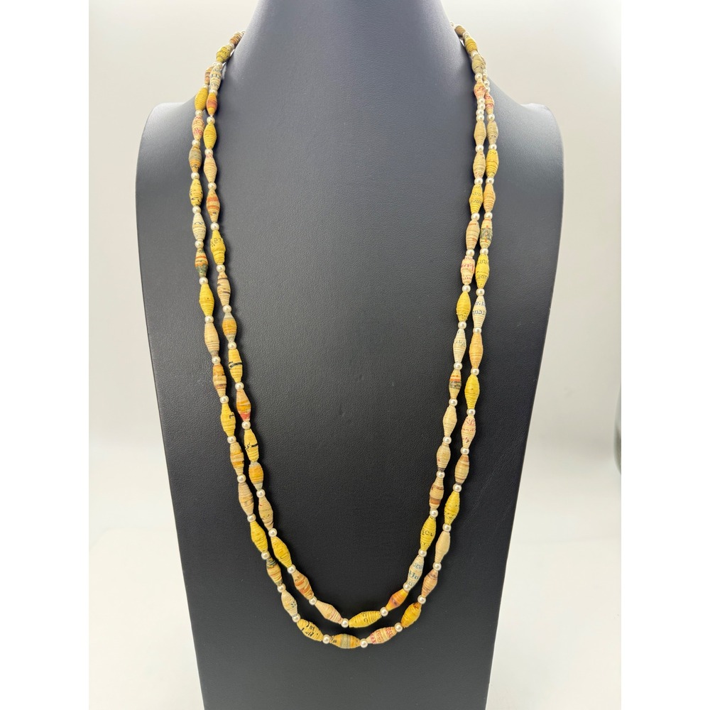 Handmade Vintage Rolled Paper Bead Necklace Yellow Long Rope Boho Recycled Art‎